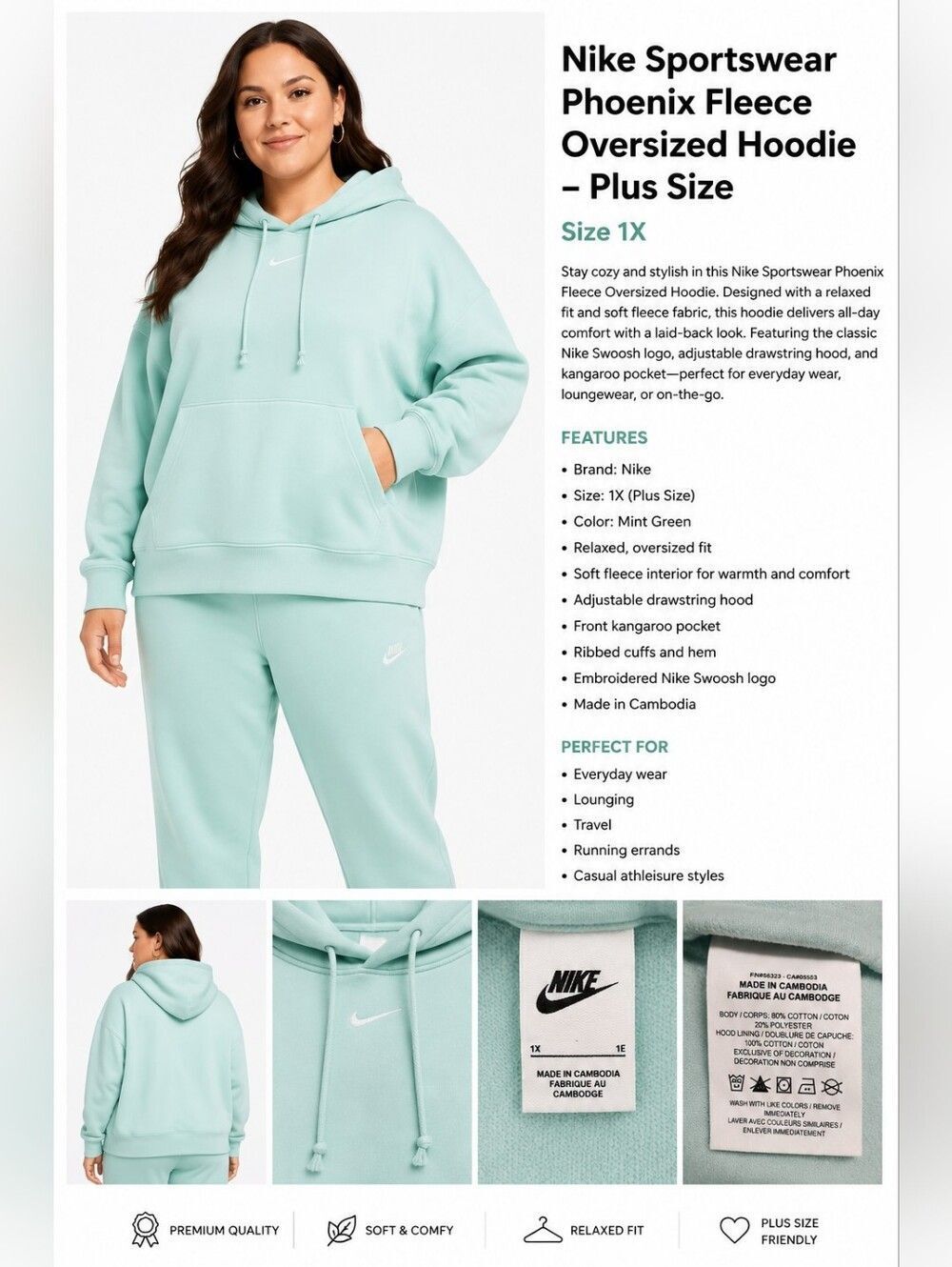 Nike Sportswear Phoenix Fleece Oversized Hoodie Plus Size 1X Mint Green Pullover